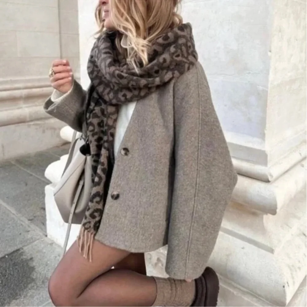 Zara Manteco Italian Wool Taupe Brown Oversized Crop Jacket Size Medium - Picture 2 of 9